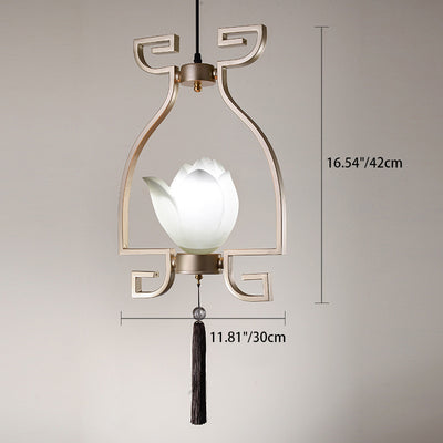 Traditional Chinese Lotus Round Linear Iron Resin 1/3 Light Chandelier For Dining Room