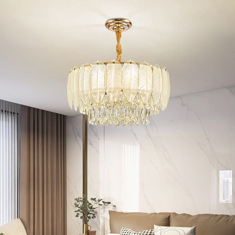 Traditional French Cream Feather Round Iron Crystal 5/8/11/15/21 Light Chandelier For Living Room