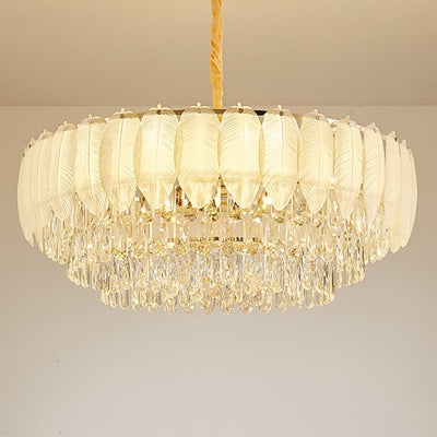 Traditional French Cream Feather Round Iron Crystal 5/8/11/15/21 Light Chandelier For Living Room