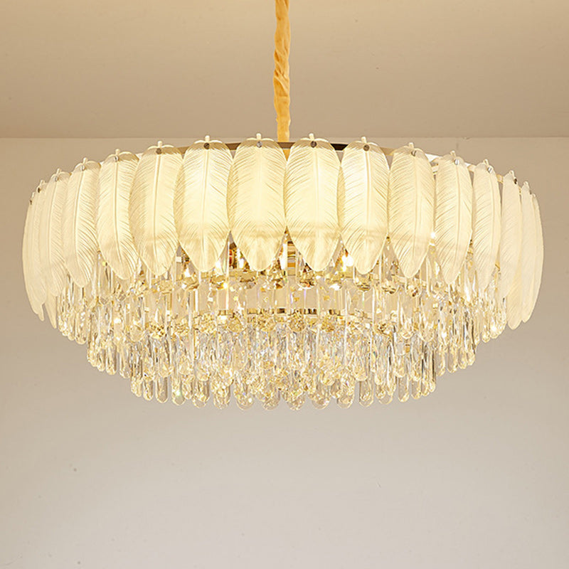 Traditional French Cream Feather Round Iron Crystal 5/8/11/15/21 Light Chandelier For Living Room