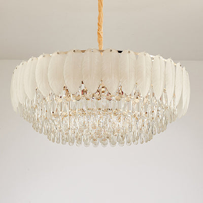 Traditional French Cream Feather Round Iron Crystal 5/8/11/15/21 Light Chandelier For Living Room