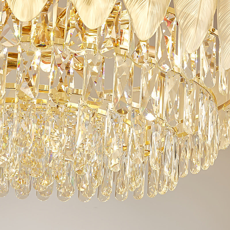 Traditional French Cream Feather Round Iron Crystal 5/8/11/15/21 Light Chandelier For Living Room