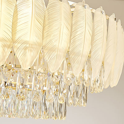 Traditional French Cream Feather Round Iron Crystal 5/8/11/15/21 Light Chandelier For Living Room