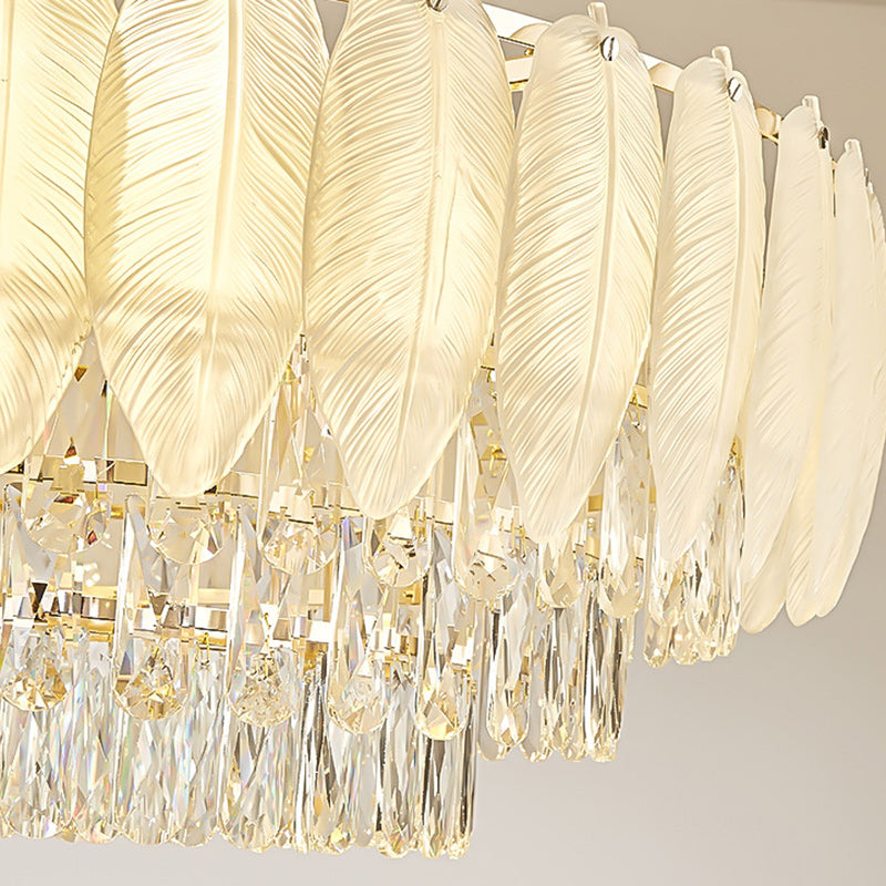 Traditional French Cream Feather Round Iron Crystal 5/8/11/15/21 Light Chandelier For Living Room