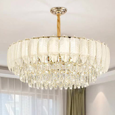 Traditional French Cream Feather Round Iron Crystal 5/8/11/15/21 Light Chandelier For Living Room