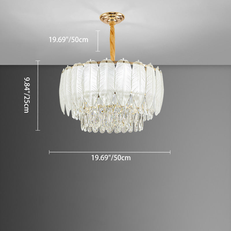 Traditional French Cream Feather Round Iron Crystal 5/8/11/15/21 Light Chandelier For Living Room