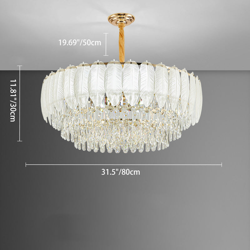 Traditional French Cream Feather Round Iron Crystal 5/8/11/15/21 Light Chandelier For Living Room