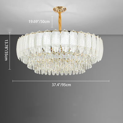 Traditional French Cream Feather Round Iron Crystal 5/8/11/15/21 Light Chandelier For Living Room