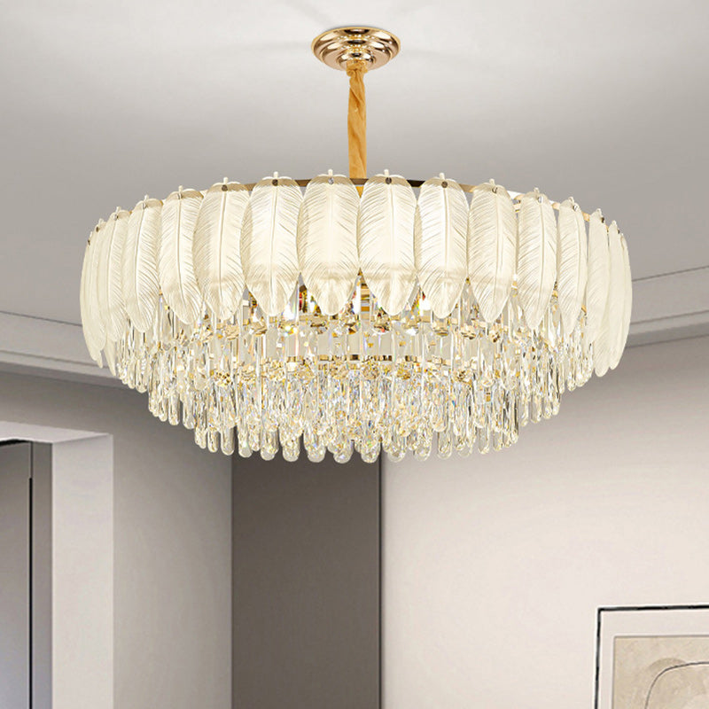 Traditional French Cream Feather Round Iron Crystal 5/8/11/15/21 Light Chandelier For Living Room