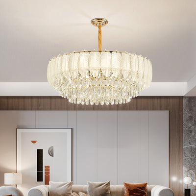 Traditional French Cream Feather Round Iron Crystal 5/8/11/15/21 Light Chandelier For Living Room