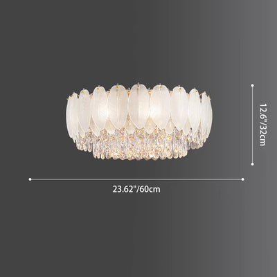 Traditional French Cream Feather Round Iron Crystal 9/15 Light Flush Mount Ceiling Light For Living Room