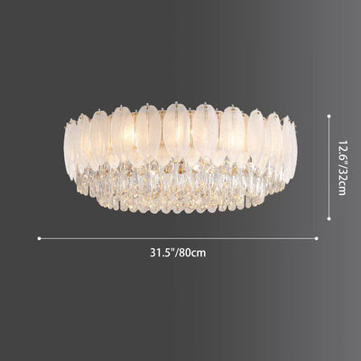 Traditional French Cream Feather Round Iron Crystal 9/15 Light Flush Mount Ceiling Light For Living Room