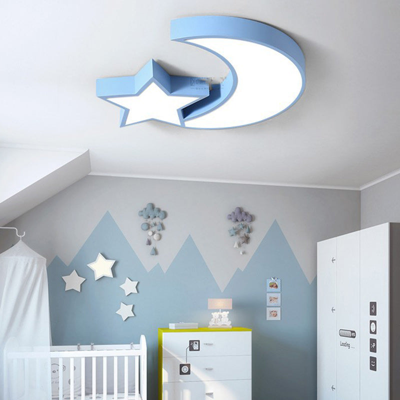 Contemporary Creative Kids Macaroon Moon Stars Iron Acrylic LED Flush Mount Ceiling Light For Bedroom