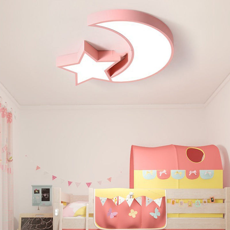 Contemporary Creative Kids Macaroon Moon Stars Iron Acrylic LED Flush Mount Ceiling Light For Bedroom