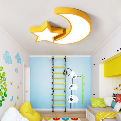 Contemporary Creative Kids Macaroon Moon Stars Iron Acrylic LED Flush Mount Ceiling Light For Bedroom