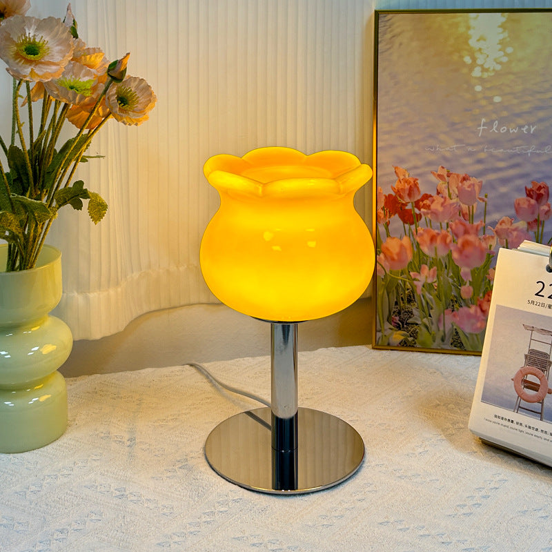 Contemporary Creative Cream Bell Orchid Flower Round Iron Glass 1-Light Table Lamp For Bedroom