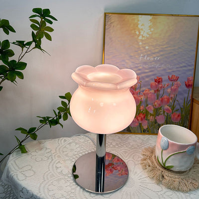 Contemporary Creative Cream Bell Orchid Flower Round Iron Glass 1-Light Table Lamp For Bedroom