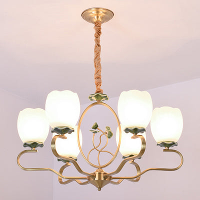 Traditional Chinese Lotus Round Copper Ceramic Glass 3/6/8 Light Chandelier For Living Room