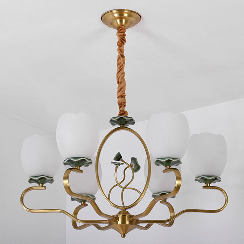 Traditional Chinese Lotus Round Copper Ceramic Glass 3/6/8 Light Chandelier For Living Room