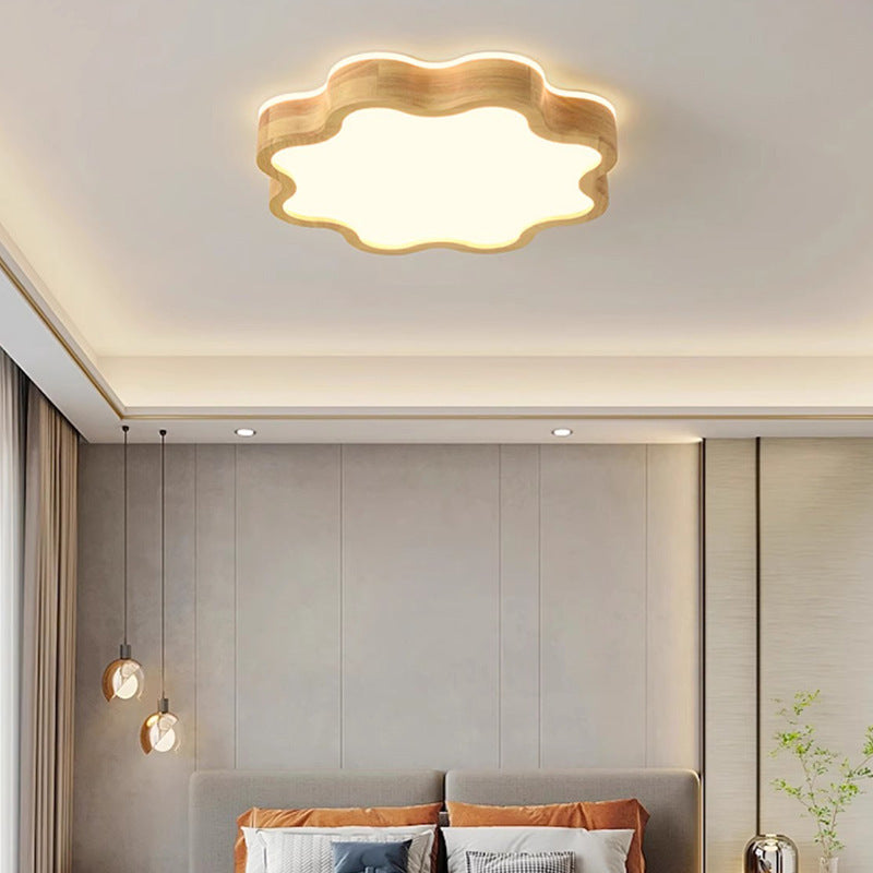 Modern Art Deco Flower Shape Wood Acrylic LED Flush Mount Ceiling Light For Bedroom