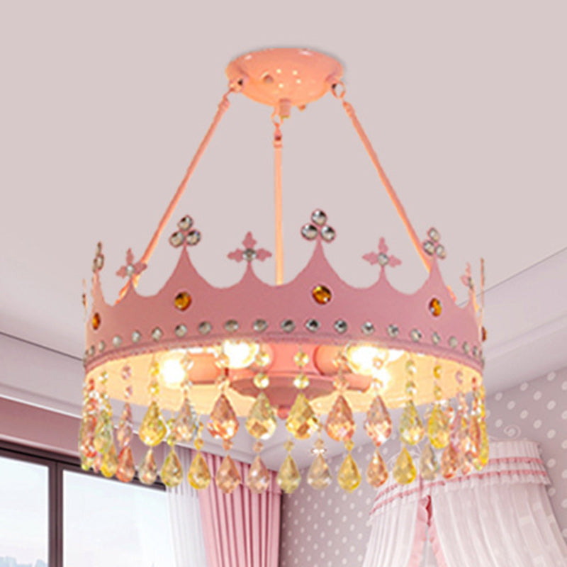 Contemporary Creative Kids Girls Crown Round Iron Crystal 5-Light Chandelier For Bedroom