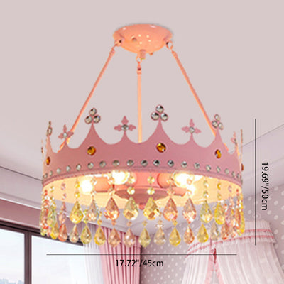 Contemporary Creative Kids Girls Crown Round Iron Crystal 5-Light Chandelier For Bedroom