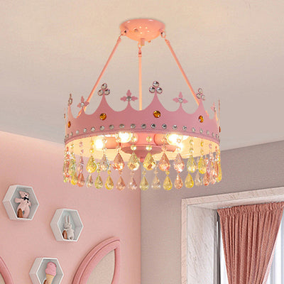 Contemporary Creative Kids Girls Crown Round Iron Crystal 5-Light Chandelier For Bedroom