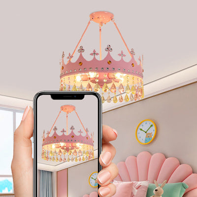 Contemporary Creative Kids Girls Crown Round Iron Crystal 5-Light Chandelier For Bedroom