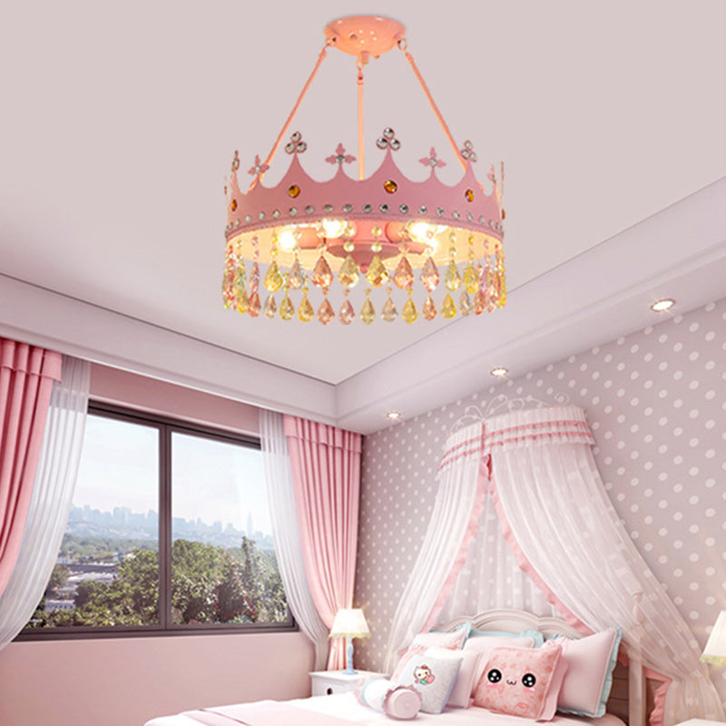 Contemporary Creative Kids Girls Crown Round Iron Crystal 5-Light Chandelier For Bedroom