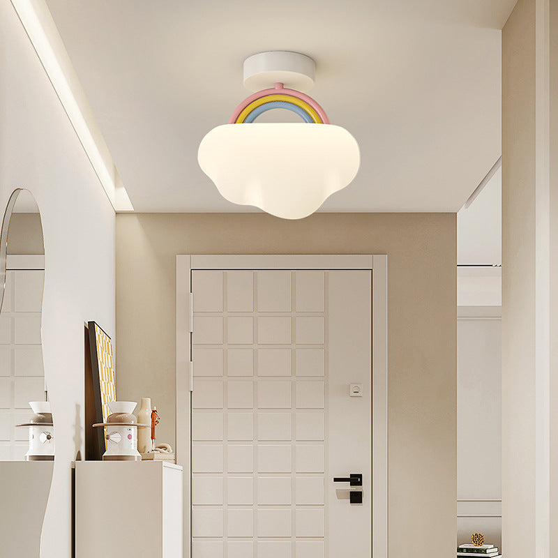 Contemporary Creative Cream Rainbow Clouds PE Iron LED Semi-Flush Mount Ceiling Light For Bedroom