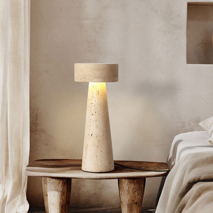 Traditional Japanese Round Cone Yellow Travertine LED Table Lamp For Bedroom