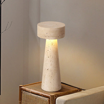 Traditional Japanese Round Cone Yellow Travertine LED Table Lamp For Bedroom