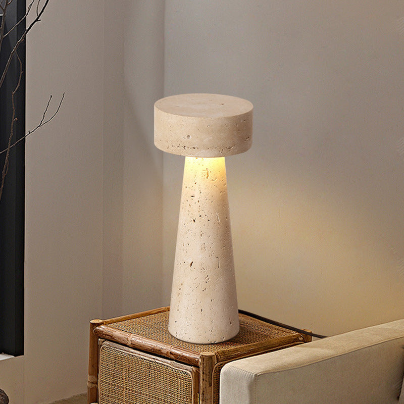 Traditional Japanese Round Cone Yellow Travertine LED Table Lamp For Bedroom