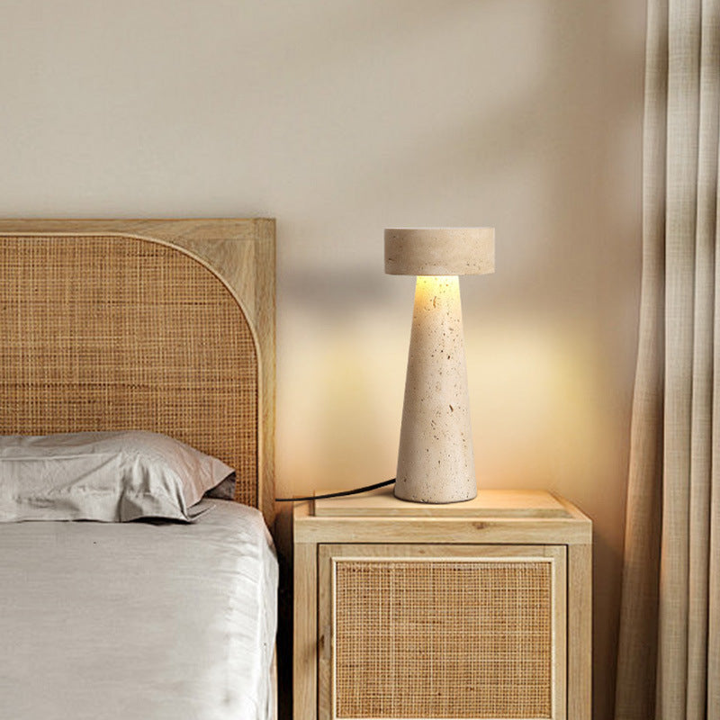 Traditional Japanese Round Cone Yellow Travertine LED Table Lamp For Bedroom