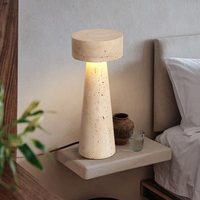 Traditional Japanese Round Cone Yellow Travertine LED Table Lamp For Bedroom