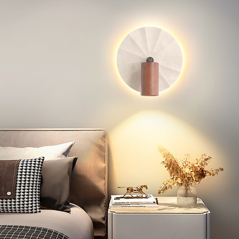 Contemporary Scandinavian Round Cylinder Yellow Travertine Wood 1-Light Wall Sconce Lamp For Bedroom