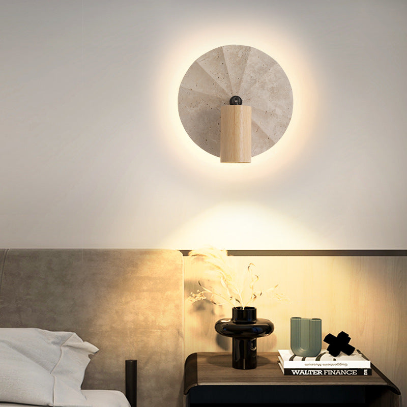 Contemporary Scandinavian Round Cylinder Yellow Travertine Wood 1-Light Wall Sconce Lamp For Bedroom