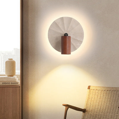 Contemporary Scandinavian Round Cylinder Yellow Travertine Wood 1-Light Wall Sconce Lamp For Bedroom