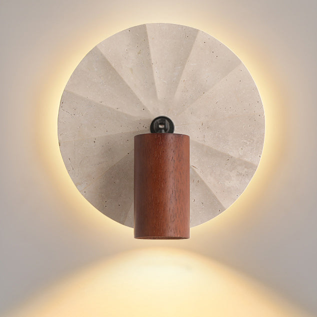 Contemporary Scandinavian Round Cylinder Yellow Travertine Wood 1-Light Wall Sconce Lamp For Bedroom