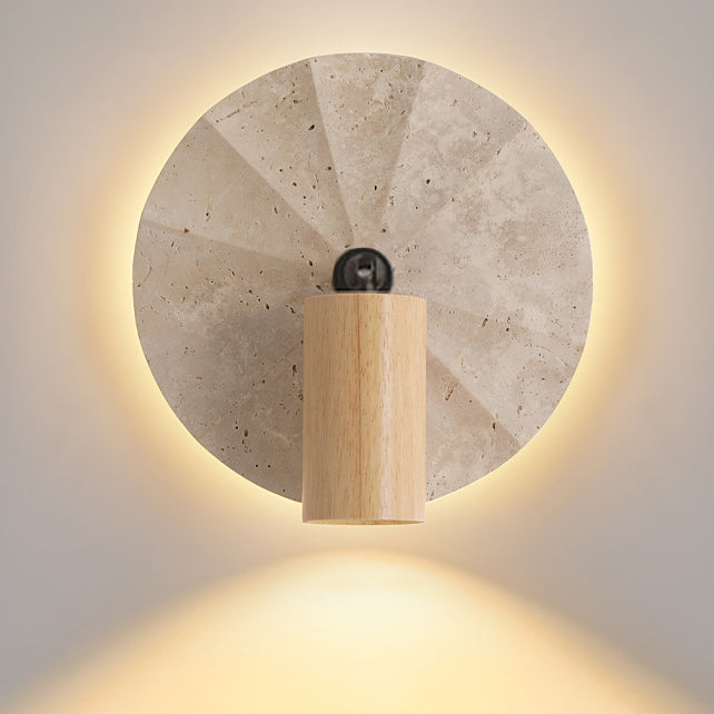 Contemporary Scandinavian Round Cylinder Yellow Travertine Wood 1-Light Wall Sconce Lamp For Bedroom