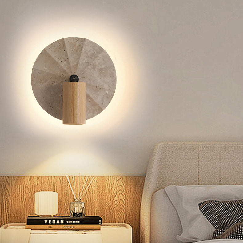 Contemporary Scandinavian Round Cylinder Yellow Travertine Wood 1-Light Wall Sconce Lamp For Bedroom