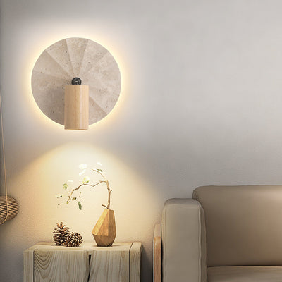 Contemporary Scandinavian Round Cylinder Yellow Travertine Wood 1-Light Wall Sconce Lamp For Bedroom