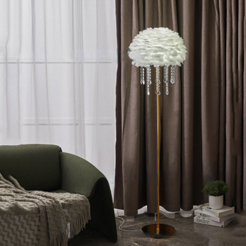 Modern Art Deco Cream Round Iron Crystal Goose Feather 1-Light Standing Floor Lamp For Bedroom