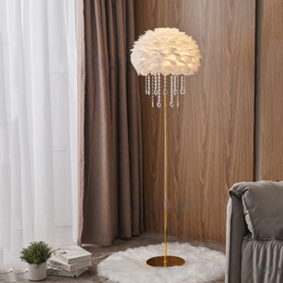 Modern Art Deco Cream Round Iron Crystal Goose Feather 1-Light Standing Floor Lamp For Bedroom