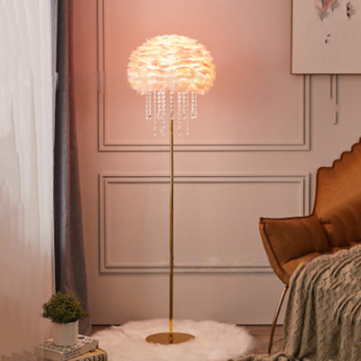 Modern Art Deco Cream Round Iron Crystal Goose Feather 1-Light Standing Floor Lamp For Bedroom