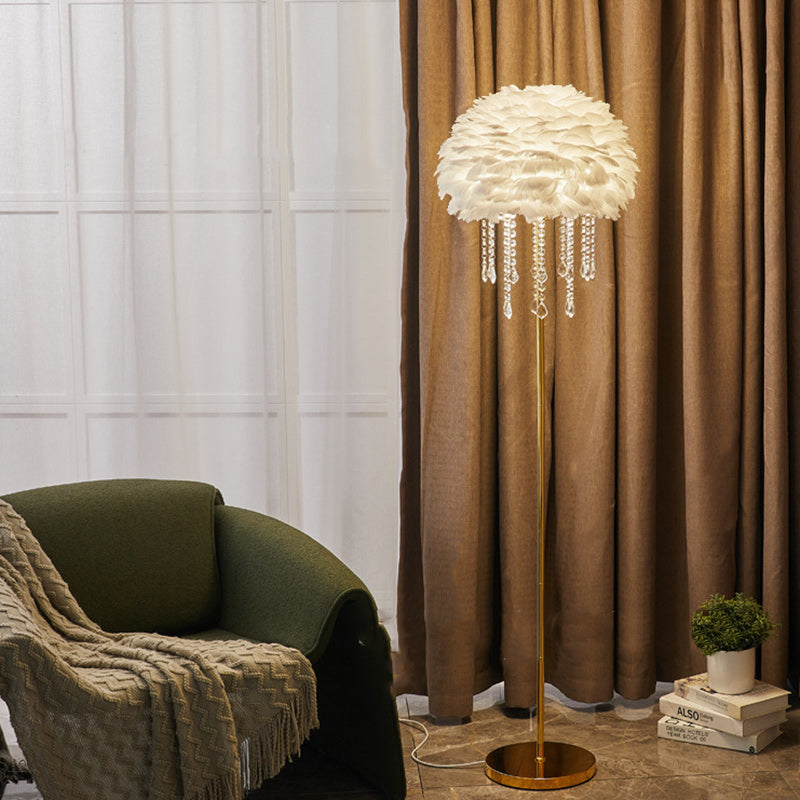 Modern Art Deco Cream Round Iron Crystal Goose Feather 1-Light Standing Floor Lamp For Bedroom