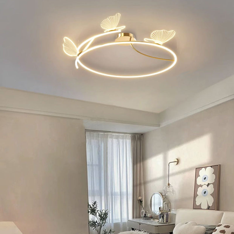 Contemporary Creative Butterfly Round Hardware Acrylic Semi-Flush Mount Ceiling Light For Bedroom