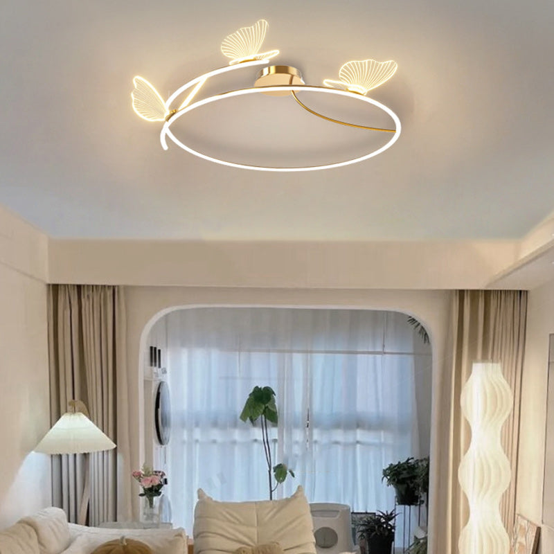 Contemporary Creative Butterfly Round Hardware Acrylic Semi-Flush Mount Ceiling Light For Bedroom