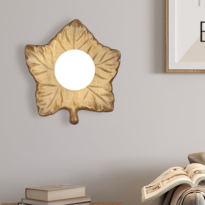 Contemporary Creative Maple Leaf Round Resin 1-Light Wall Sconce Lamp For Bedroom