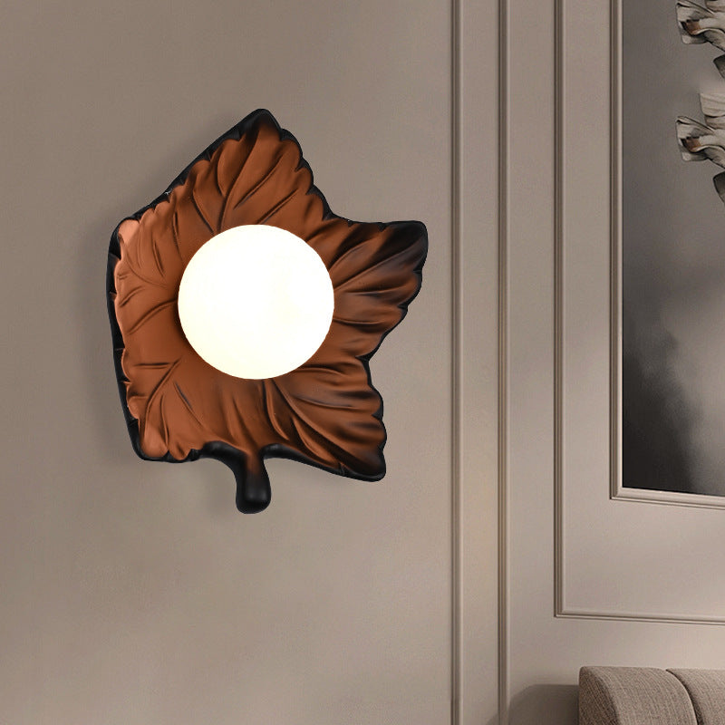 Contemporary Creative Maple Leaf Round Resin 1-Light Wall Sconce Lamp For Bedroom